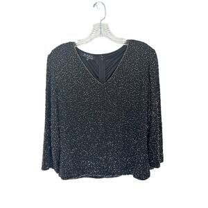 JKara Gold Black Beaded V-Neck Dressy Party Formal Evening Blouse Size Medium